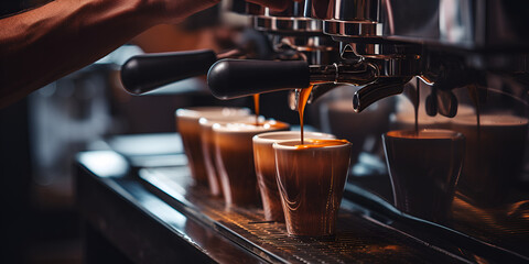 The barista makes coffee, Coffeeier dripping fresh coffee in a sunny environment, European coffee culture, pouring coffee in cups, Generative AI