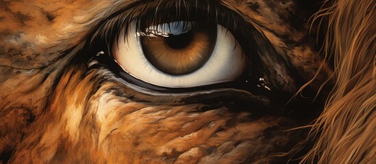 A closeup of a lions eye in a brown painting, showcasing intricate eyelashes and fur detail. The wood background adds to the terrestrial animals fierce and wild demeanor - obrazy, fototapety, plakaty