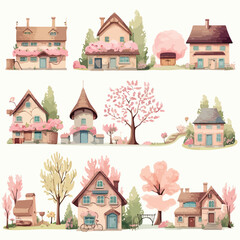 Spring Villages Clipart isolated on white background