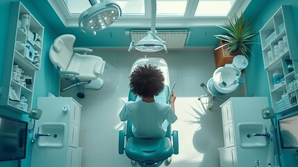 Top View of a Patient in a Dental Chair Awaiting Treatment in a Modern, Well-Equipped Dentist's Office