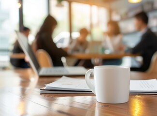 Close up of an office desk with papers, a laptop and a coffee cup on it. In the background, business people are having a blurred conversation in an out-of-focus style. Bokeh.