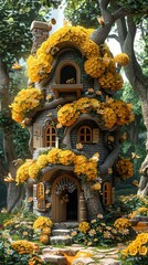 Fototapeta premium Cartoon beehive bustling with activity, a honeyed haven