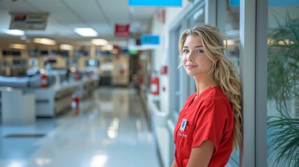 Compassionate Young Female Nurse in Red Scrubs Contemplating in Hospital Corridor