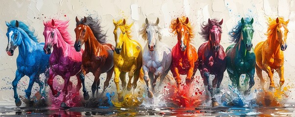 Naklejka premium Colorful horses galloping, a splash of paint in motion