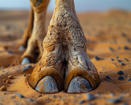 Close-up of a camel's sturdy toes in the desert sands
