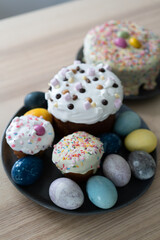 chocolate easter eggs and ester cake on a plate
