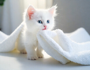白いタオルを咥える白いペルシャ猫の子猫
