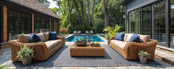 Outdoor patio scene showcasing durable, stylish furniture for relaxation - obrazy, fototapety, plakaty