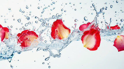fragrant red rose petals fly in splashes of water on a white background - obrazy, fototapety, plakaty