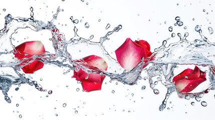 fragrant red rose petals fly in splashes of water on a white background