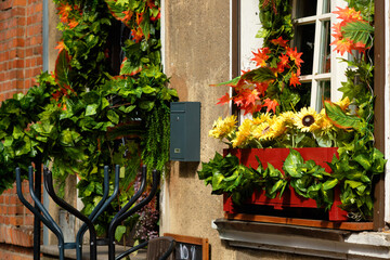 Fototapeta na wymiar Beautiful flowers decorating the windows outside