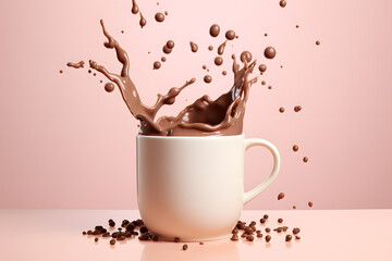 Fototapeta premium Splash of hot chocolate in a white mug isolated on pastel background
