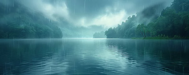 Tuinposter Rainstorm background, heavy rain over a serene lake © Pittaya