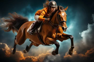Tuinposter a vivid scene of a horseback rider in azure attire elegantly guiding a horse over a sun drenched oxer jump, embodying grace and athleticism © anwel