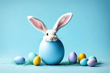 Fototapeta na wymiar Cute Easter bunny inside blue Easter egg on pastel blue background
