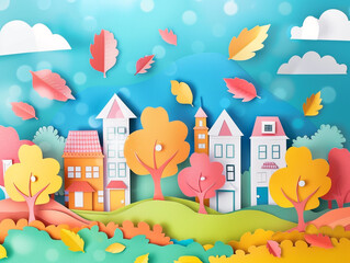 Cityscape illustration landscape paper cut out art style. Urban city cityscape with buildings and natures. 