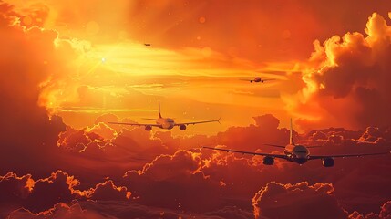 my top imaginary aircraft in the cloudy sundown orange sky - obrazy, fototapety, plakaty