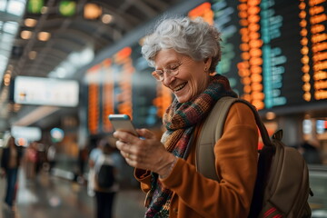 old woman use mobile phone on an airport terminal display background - obrazy, fototapety, plakaty