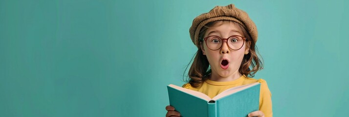 surprised or impressed girl in glasses holding open book against green background, close up portrait, studio shot. kid has read amazing information from book, facial expression, panoramic - Powered by Adobe