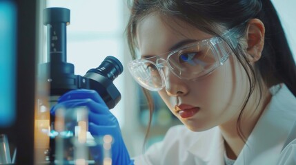 Student young girl examining biotechnology health medical. Researcher asian woman wear lab cost work mixing test tube specialist sample chemist equipment with microscope at laboratory.  - obrazy, fototapety, plakaty