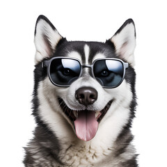 With sunglasses on, the happy Siberian Husky dog is ready for spring, summer, and beach, Isolated on Transparent Background, PNG