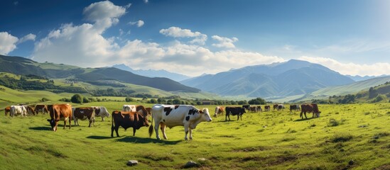Landscape of a herd of cows grazing on a meadow in a sunny morning