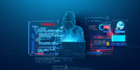 Business man computer hand close up futuristic cyber space finance AI chatbot artificial coding coding. Anonymous hacker at the laptop computer Internet security. Cyber attack. Vector illustration - obrazy, fototapety, plakaty