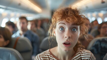 A young woman looking shocked in an airplane surrounded by surprised passengers. Concept Travel, Airplane, Surprise, Emotion, Passengers - obrazy, fototapety, plakaty