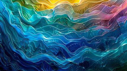 A vibrant painting of a wave made up of rainbow colors, capturing the fluid motion and energy of...