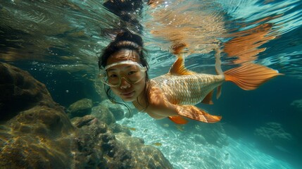Surreal asian woman fish head snorkeling underwater in tropical sea. - obrazy, fototapety, plakaty