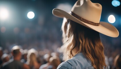 Back view of a young american woman fan of country music attending a country music concert