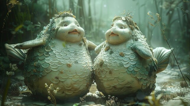 Fairy sea monsters in deep green bottom sea.