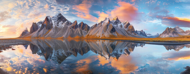 Stokksnes, vestrahorn mountains reflecting in the water, colorful sky, panorama