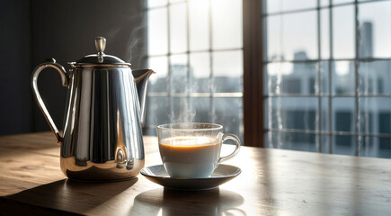 white cup of coffee, antique silver coffee pot against morning light high-key blurred window background. ambiance of sophistication and tranquility. coffee culture, luxury dining, cozy cafes - obrazy, fototapety, plakaty