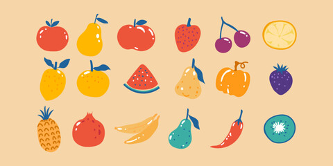 Set of different cartoon fruits hand drawn vector illustration. flat style pastel color isolated collection.
