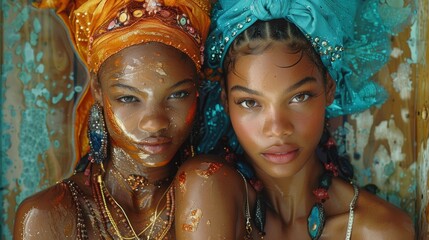 Two african women with creative make up against wall.