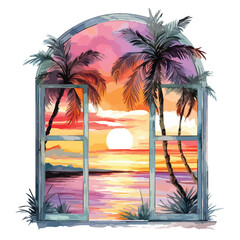 Tropical Sunset Window Watercolor Clipart 