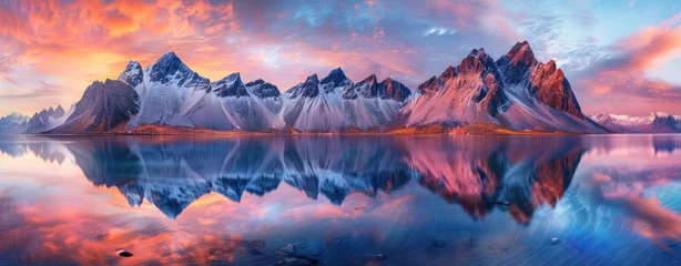 Foto auf Acrylglas Reflection Stokksnes, vestrahorn mountains reflecting in the water, colorful sky, panorama