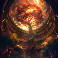 Tree of knowledge, Tree of Life, Ethereal Akashic records, spiraling staircase, transformation and mysticism, occult - obrazy, fototapety, plakaty