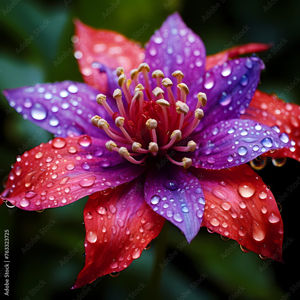 Wall mural A close-up of a vibrant flower with dewdrops. 