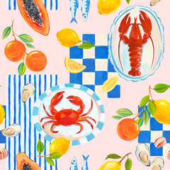 Beautiful seamless Summer Vacation Seamless pattern. Greek pattern with sardines, lemon, oysters, mussels, papaya, lobster and crab. Mediterranean bright print. Greek style. - obrazy, fototapety, plakaty