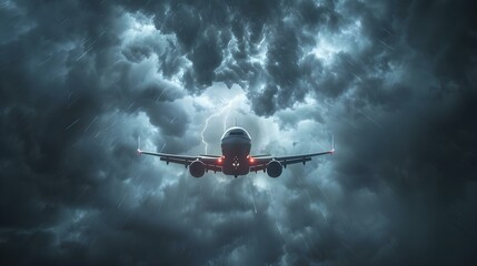 A commercial jet flies through turbulent thunderstorm with lightning flashes evoking fear of crashing. Concept Stormy Weather, Aviation Safety, Turbulent Flights, Lightning Strikes, Fear of Flying