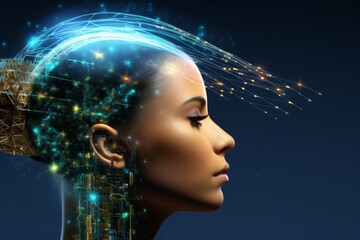 Obraz premium Robotics or ai artificial intelligence connecting interaction with human.Chat bot software network.big data and transfer protocol system.Neuralink with smart brain