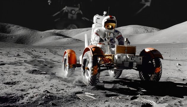 astronaut driving a lunar rover vehicle on the moon by AI generated image