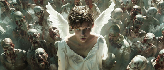 An angelic figure with a serene expression, standing amidst a chaotic crowd of zombies. - obrazy, fototapety, plakaty