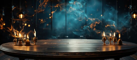 wooden table with smoke float up on gold and dark blue lighting background