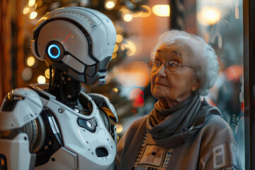 An android robot advises an elderly woman. - obrazy, fototapety, plakaty