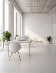 Interior of modern office with white walls, tiled floor, white computer table and chairs. - 763324931