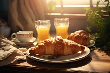 a croissant on a plate with two cups of juice and a napkin