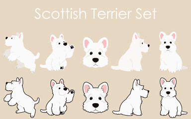 Obraz na płótnie Canvas Simple and adorable white Scottish Terrier illustrations set